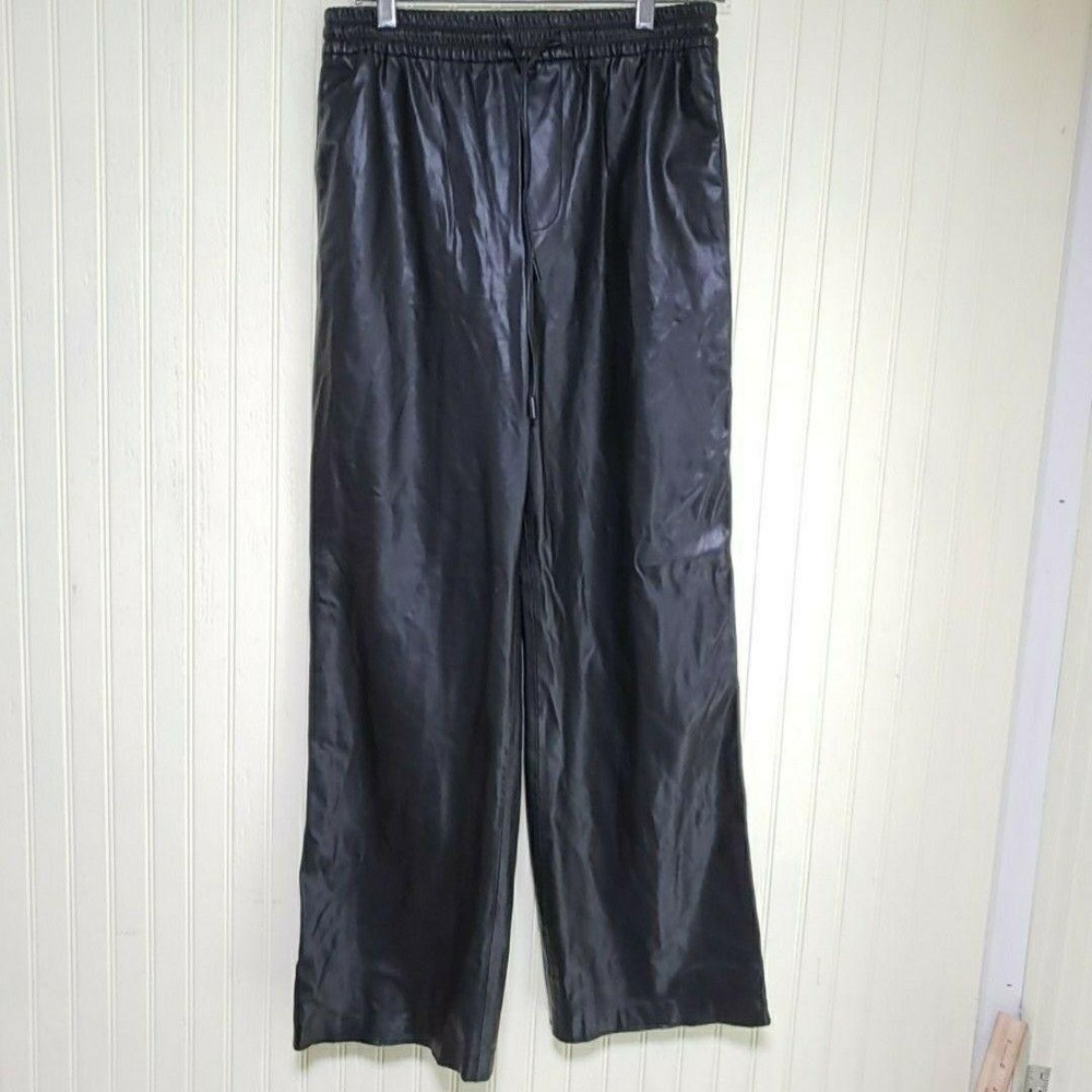 Zara Pants Womens S Black Faux Leather Sweatpants Pull On Elastic Waist Pockets